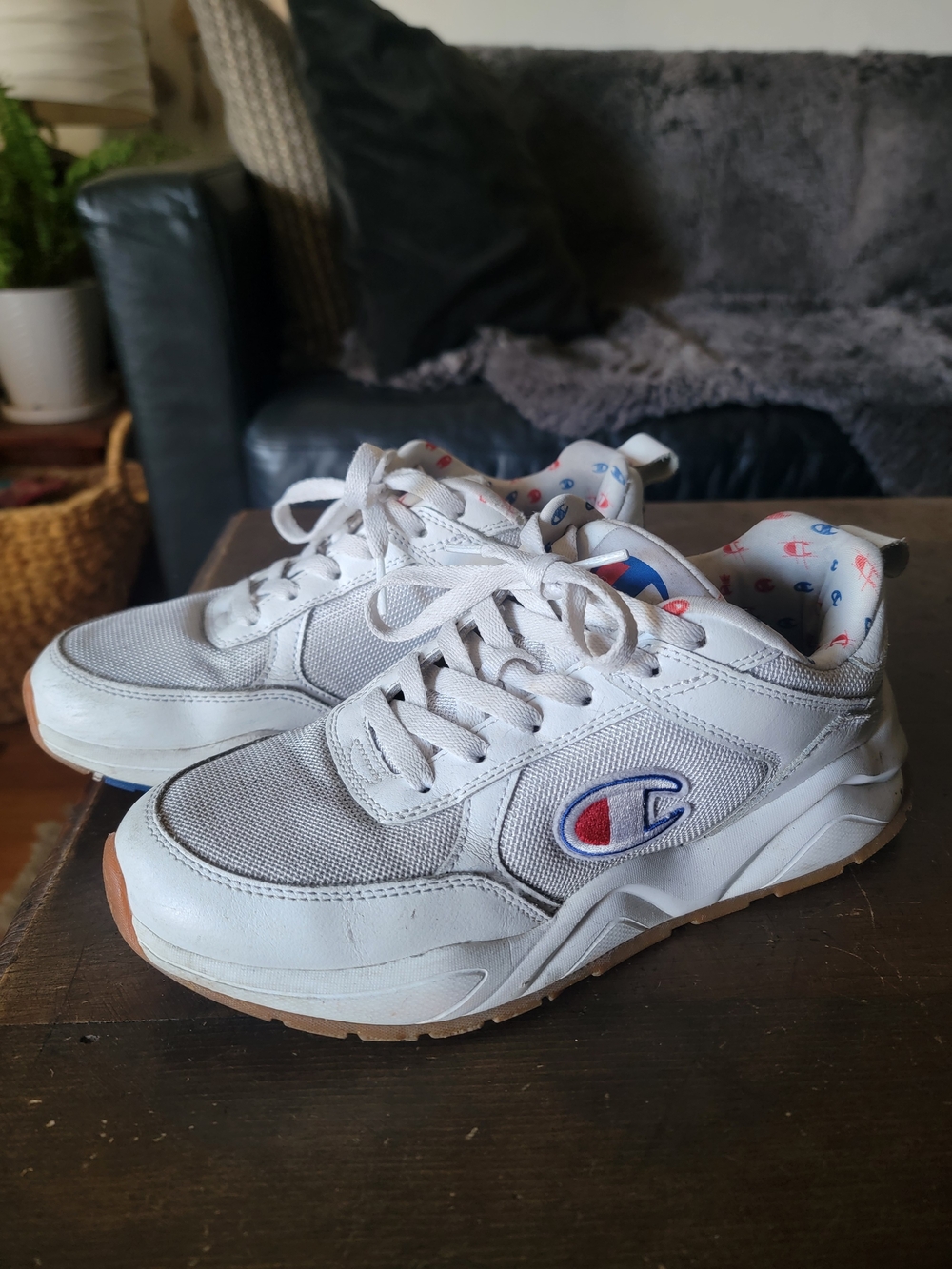Champion 93Eighteen White Sneakers with Red & Blue Logo Accents